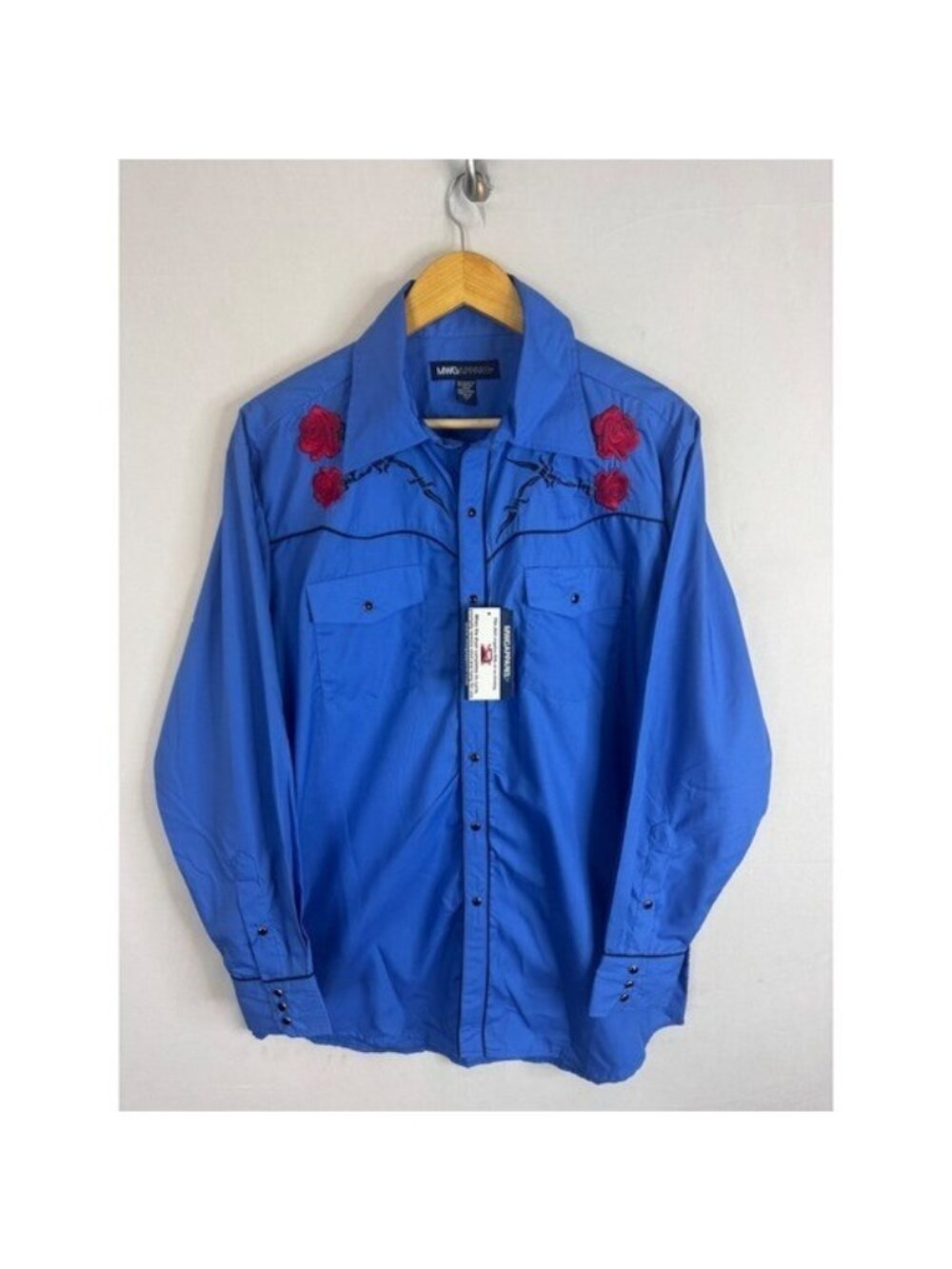 MWG Apparel Mens Blue Western Snap Shirt Rose Barbed Wire Embroidery Large NWT